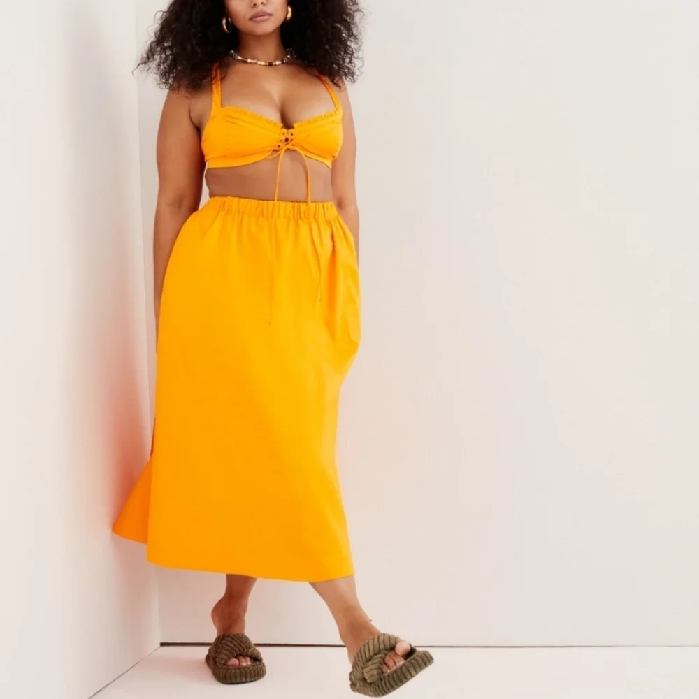 For Love & Lemons Vibrant Orange Women's 2x Midi Skirt Clementine Dazzle 2